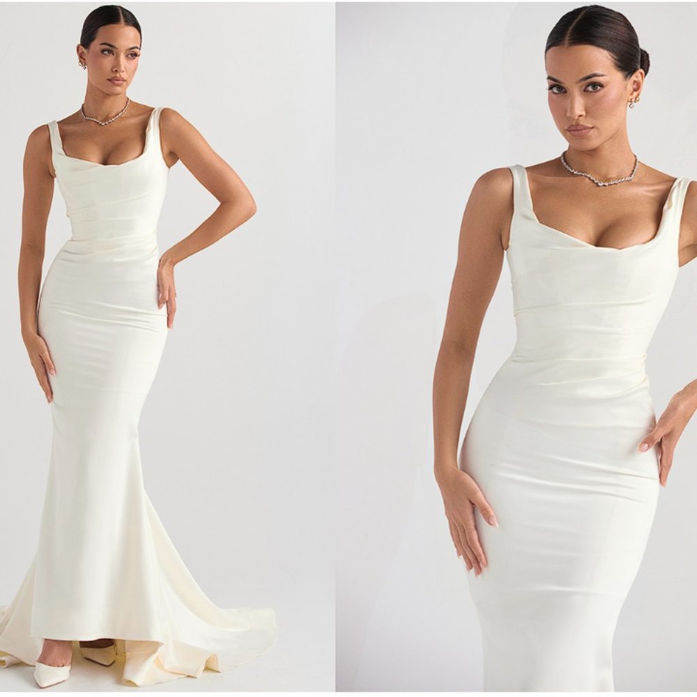 HOUSE OF CB 'Emilie' Off White Satin Mermaid Bridal Gown NWOT - Picture 6 of 16